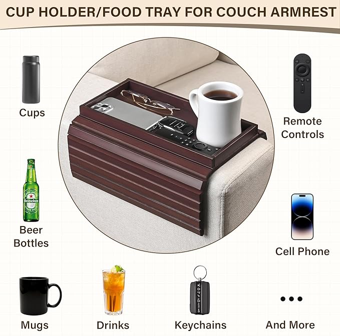 Bamboo Sofa Arm Tray, Anti-Dropping Couch Arm Tray, Foldable Sofa Armrest Tray Couch Arm Table for Eats, Drinks, Snacks, Remote, Cellphone, Cup Holder, Back Anti-Slip Pad Design