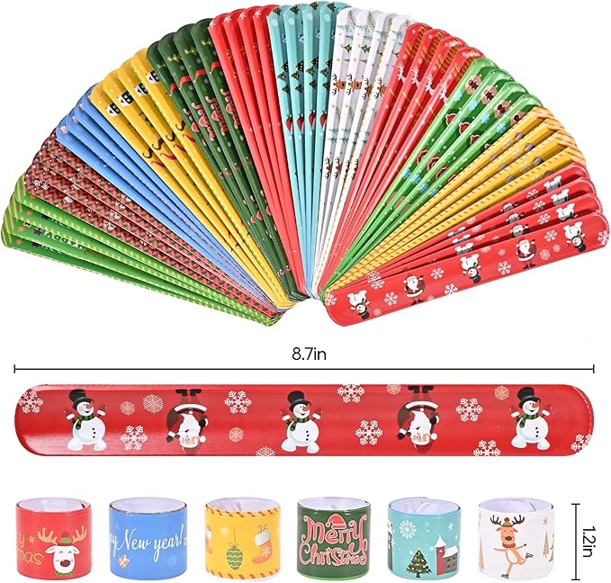 GlyinnHe 48Pcs Christmas Slap Bracelets, Xmas Snap Bracelet Snata Claus Reindeer Wristband for Party Favors Gift Bag Filler School Prizes