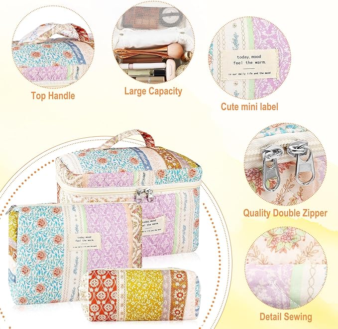 URSKYTOUS 3Pc Cotton Quilted Makeup Bags for Women Large Small Coquette Floral Travel Cosmetic Bag Set Aesthetic Cute Flower Makeup Pouch Portable Toiletry Bag Puffy Essential Storage Organizer Bag