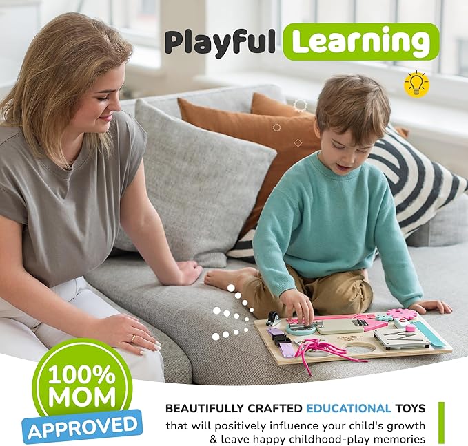 Busy Board Montessori Toys for Toddlers, Sensory Wooden Toy with 10 Preschool Learning Activities for Fine Motor Skills, Educational Plane and Car Travel Toy for Toddlers Boys and Girls