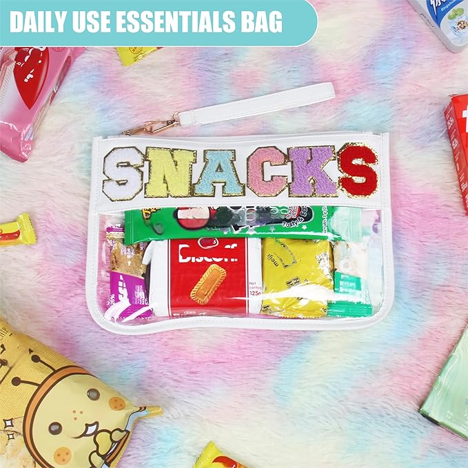 BuyCard Clear Snack Bag for Travel, Varsity Chenille Letter Patch Flat Pouch with Zipper, Preppy Makeup Bags, Waterproof PVC&PU Cosmetic Toiletry Bag for Women Girls, White