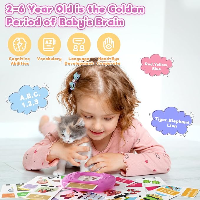 Toddlers Bilingual Spanish & English Talking Flash Cards with 288 Sight Words, Speech Therapy Toys for 3 4 5 6 Years Old Boys and Girls, Learning Educational Kids Gifts (Pink)