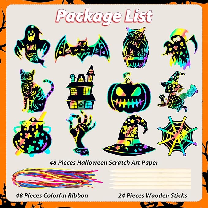 Halloween Scratch Paper Art Set - 48 Pcs Halloween 12 Design Magic Rainbow Scratch Off Cards for Kids, Hanging Ornaments for Halloween Party Favors Activities