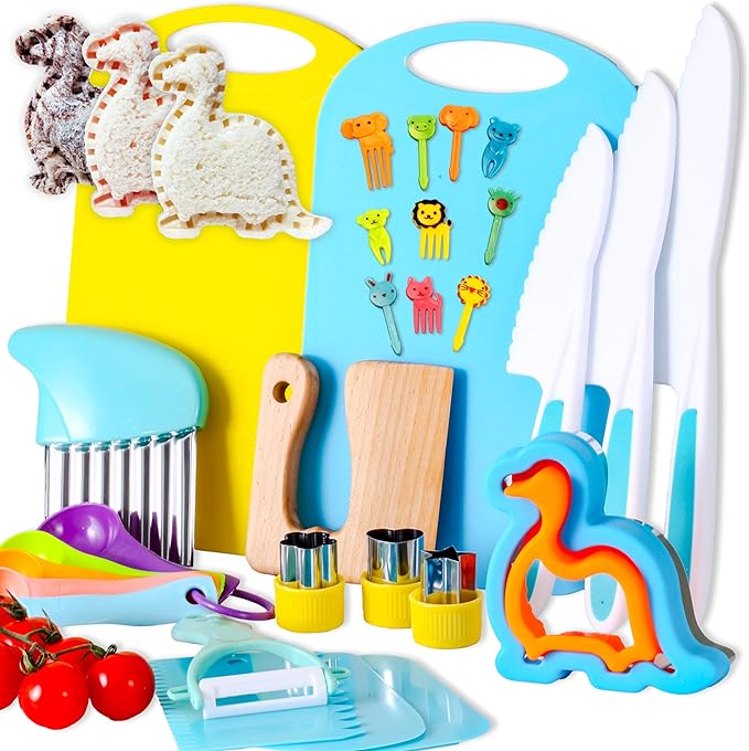 30 Pieces Montessori Kitchen Tools-Kids Cooking Sets Real-Toddler Knife Set for Real Cooking-Toddler Utensils with Safe Knives Crinkle Cutter Cutting Board