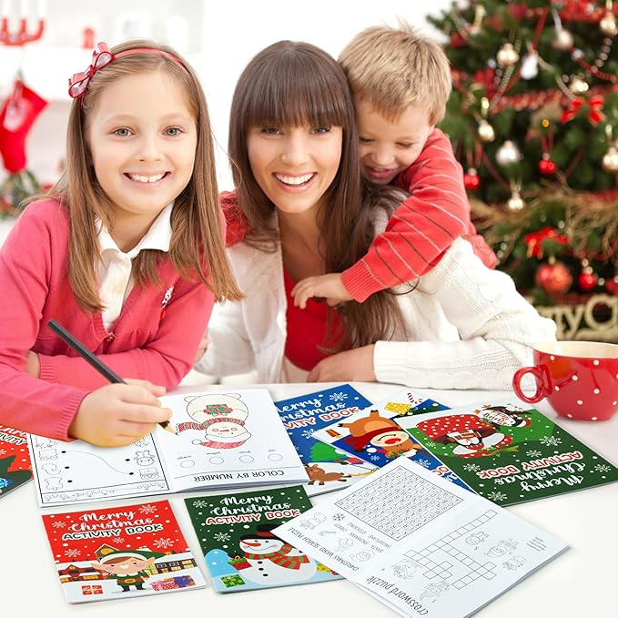 Christmas Activity Books for Kids - 24Pcs Merry Christmas Mini Games Coloring Book Set Bulk Mazes Word Search Word Scramble Games for Xmas Stockings Goodie Bags Stuffer Filler Holiday Party Supplies