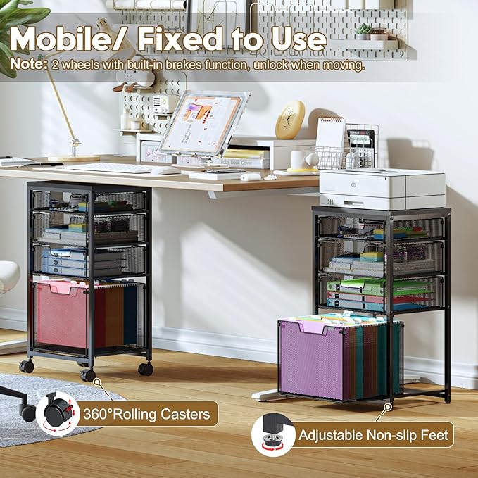 Rolling File Cart with 4 Storage Drawers, Filing Cabinet for Home Office, Hanging File Folder Organizer with Wheels Under Desk, Utility Craft Cart Printer Stand, Black, Patent Pending