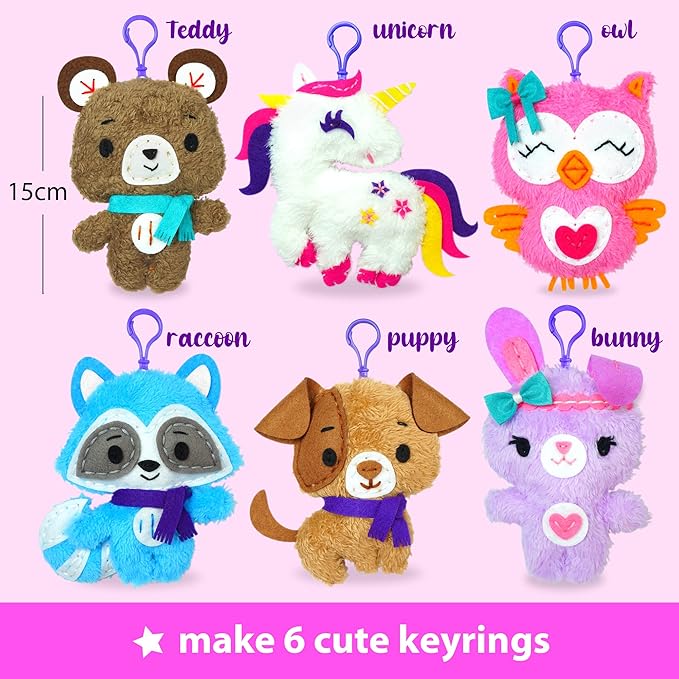 KRAFUN Unicorn Sewing Keyring Kit for Kids Age 7 8 9 10 11 12 Learn Art & Craft, Includes 6 Stuffed Animal Bear, Dog, Rabbit, Raccoon, Owl Dolls, Instruction & Felt Materials
