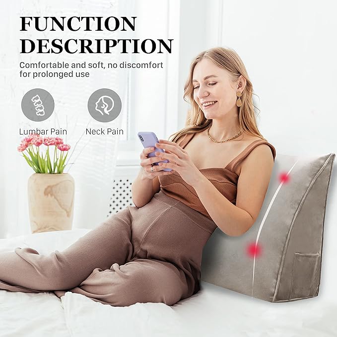 Wedge Headboard Bolster Pillow Reading Pillows for Sitting in Bed Adult，Small Velvet Triangular Cushion Backrest Lumbar Back Support Upholstered Daybed Sit Up Book Pillows（Camel, Small）