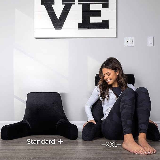 Husband Pillow Black, Original Reading Pillow in Bed Rest Chair, Shredded Memory Foam Large Lounge Cushion Adult Backrest with Arms, Comfy Back Support for Sit Sitting Up, Washable/Removable Cover