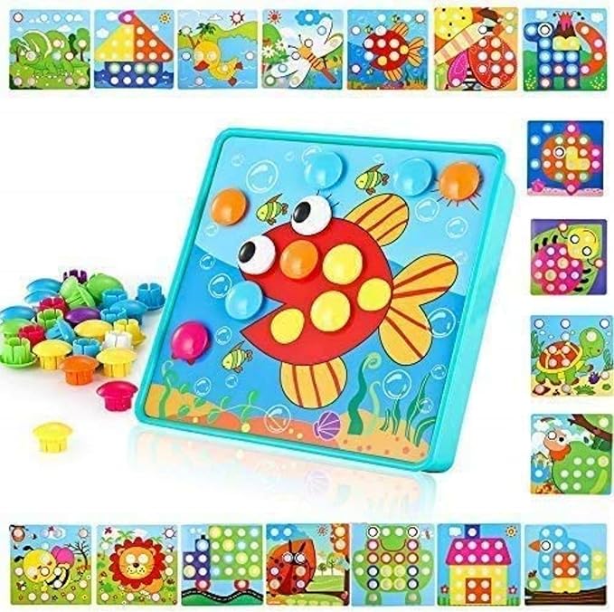 TINOTEEN Button Art Toy for Toddlers,Toddler Activities Crafts Color Matching Early Learning Educational Mosaic Pegboard 50 Buttons and 18 Pictures