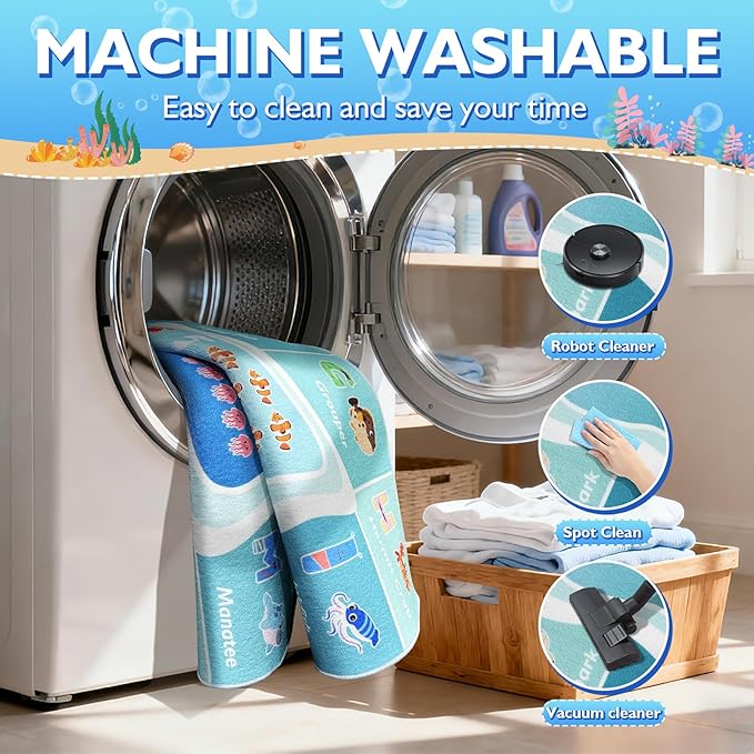 ABC Kids Ocean Rug for Playroom, 5x7ft Alphabet Classroom Rug, Educational Kids Play Mat with Number Shape Animal, Learning Area Rug for Nursery Bedroom Kidsroom, Colorful Non-Slip Washable