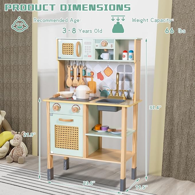 Garsing Play Kitchen for Kids Toddlers with Sounds, Wooden Kids Kitchen Playset with Realistic Features, Modern Toy Kitchen Sets with Storage and Accessories for Boys Girls, Age 3+, Green