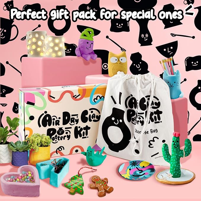FosterToys™ Air Dry Clay Pottery Kit for Beginners | DIY Clay Kit for Adults, Sculpting Tools Set & Step-by-Step Guide, 12 Paints, Paintbrush,Varnish, Sponge, Kids Teen Christmas Birthday Holiday Gift