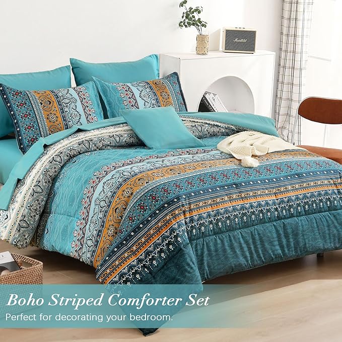 Boho Full Comforter Set 8 Pieces,Teal and Yellow Bohemian Comforter Paisley Striped Bed in A Bag,Soft Microfiber Bedding Set for All Season