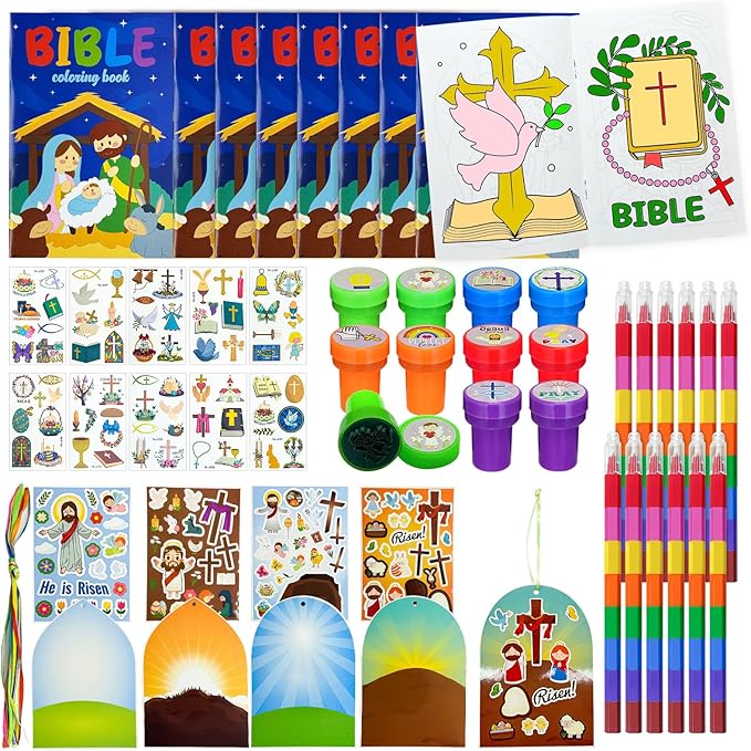 60 Pcs Easter Religious Party Favors,Christian Easter Basket Goodie Bag Stuffers,Easter Coloring Books with Stacking Crayons Bulk, Novelty Prizes DIY Scenes Stickers for Bible School Preschoolers