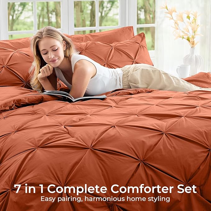 Sasttie Full Size Comforter Set, 7-Piece Bed in a Bag, Pintuck Bedding Set for All Season, Includes Comforter, Flat Sheet, Fitted Sheet, Pillowcases and Pillowshams, Burnt Orange