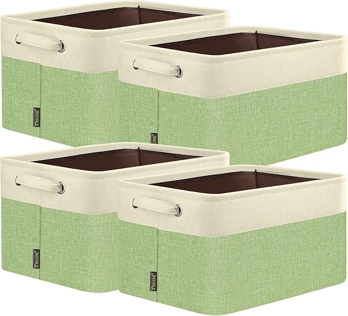 BALEINE 4 Pack Fabric Storage Bins for Shelves, Linen Storage Baskets for Organizing, Decorative Closet Bins for Clothes, Home (Green, 15''x11''x9.5'')