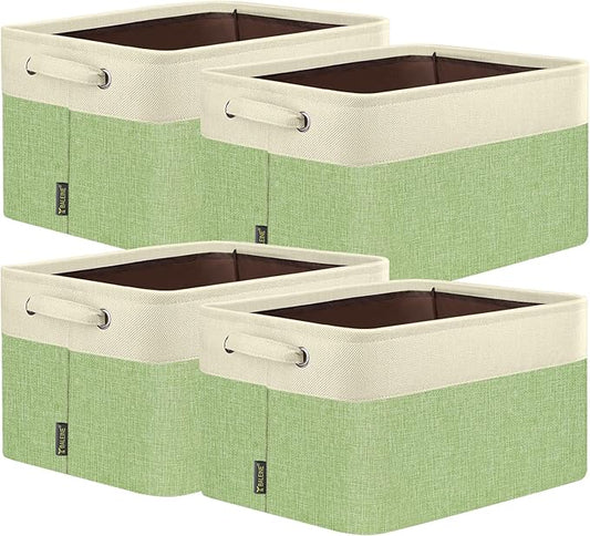 BALEINE 4 Pack Fabric Storage Bins for Shelves, Linen Storage Baskets for Organizing, Decorative Closet Bins for Clothes, Home (Green, 15''x11''x9.5'')