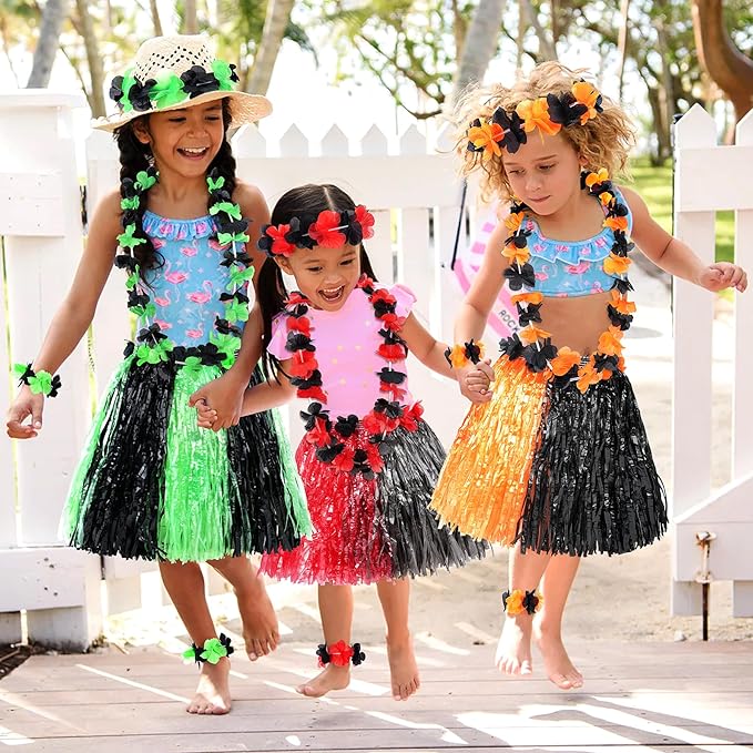 Fortuning's JDS Hawaiian Hula Grass Skirt for Girls Elastic Flower Costume Kids Outfits for Luau Tropical Beach Party Decor