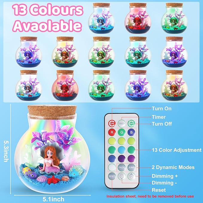 Kids Mermaid Terrarium Crafts Kit, Remote Control 13-in-1 LED Night Light Up Color, Mermaid Birthday Gifts Toys for Girls, DIY Mermaid Arts Toys Gifts for Girls Ages 4 5 6 7 8 9 10 11 12 Year Old