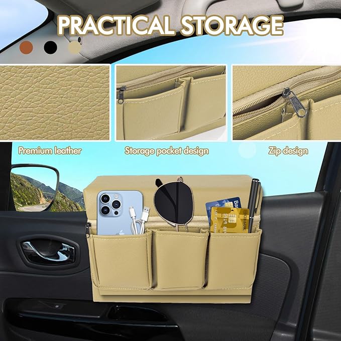 wuyaoyao Car Window Armrest Storage Box, Leather Automotive Door Side Storage Bag & Elbow Rest Pad, Multifunctional Vehicle Door Arm Rest Pad with Pockets, Universal Interior Car Accessories (Beige)