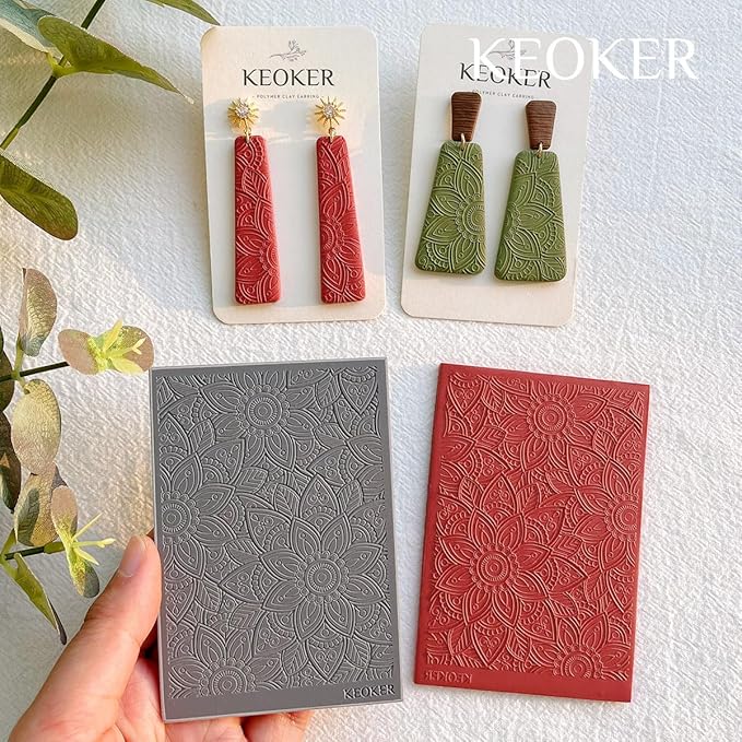 KEOKER Polymer Clay Texture Sheets Set, Works with Boho Polymer Clay Cutter,The Same Effect as Polymer Clay Texture Roller, Boho Texture Sheets for Polymer Clay, Clay Earring Molds for Earrings (2)