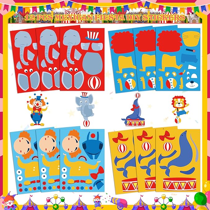 Circus Party Favors 72 PCS Circus Clown Animal Slap Bracelets DIY Stickers Tattoo Stickers Keychains Plastic Straws Gift Bags for Kids Carnival Theme Birthday Party Baby Shower Classroom Rewards
