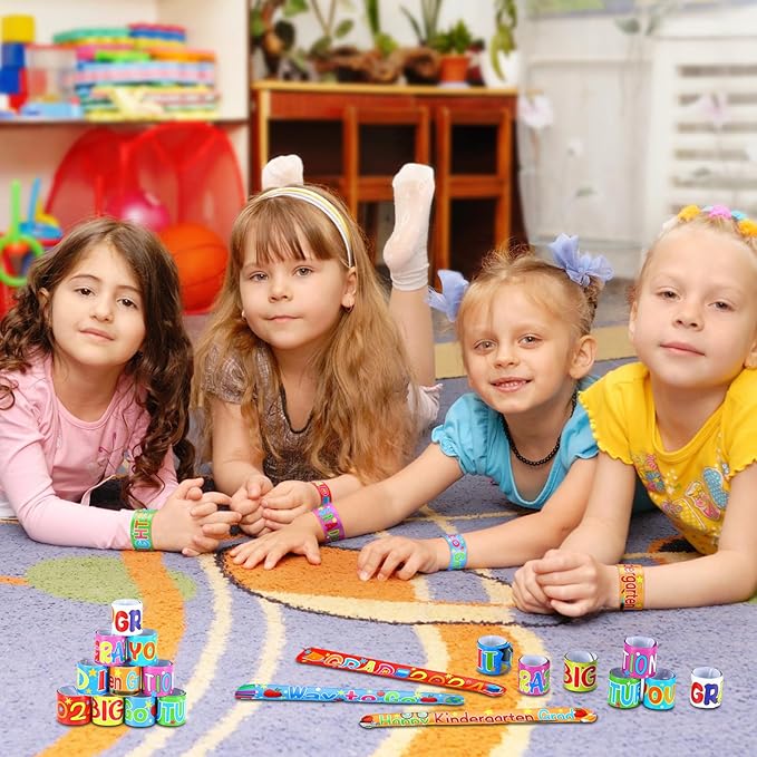 180 Pcs Kindergarten Graduation Party Favor Set Include 60 Slap Bracelets 30 Coloring Books 30 Paper Bags 30 Button Pin and 30 Grad Badge Sticker for Kindergarten Graduation Party Supplies