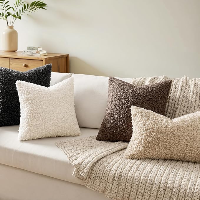 Woaboy Faux Fur Throw Pillow Covers 20x20 Inch Set of 2 Boucle Neutral Decorative Sherpa Fuzzy Accent Soft Sheepskin Fleece Cushions Modern Home Decor for Couch Sofa Bedroom Living Room,Black