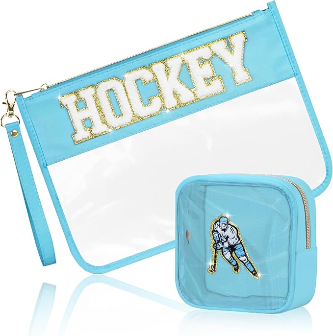BuyCard 2 Pcs Hockey Gifts Makeup Bag with Chenille Letter Patch, Clear Cosmetic Pouch PVC Organizer Purse, Waterproof Travel Bag, Portable Toiletry Storage Bag for Her Girls Friends Women