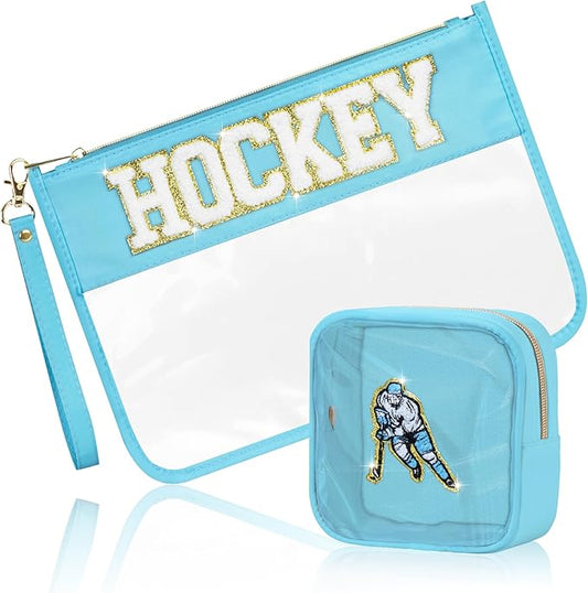 BuyCard 2 Pcs Hockey Gifts Makeup Bag with Chenille Letter Patch, Clear Cosmetic Pouch PVC Organizer Purse, Waterproof Travel Bag, Portable Toiletry Storage Bag for Her Girls Friends Women