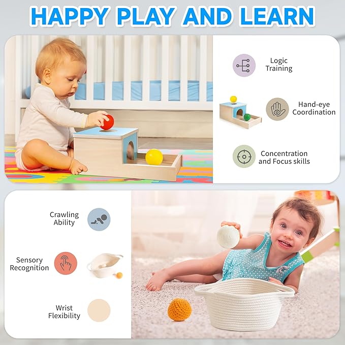 Montessori Toys for Babies 6-12 Months, 9 in 1 Educational Wooden Toys Set, Includes Object Permanent Box, Stacking Cups, Mirror Puzzle, Ring Stacker and More