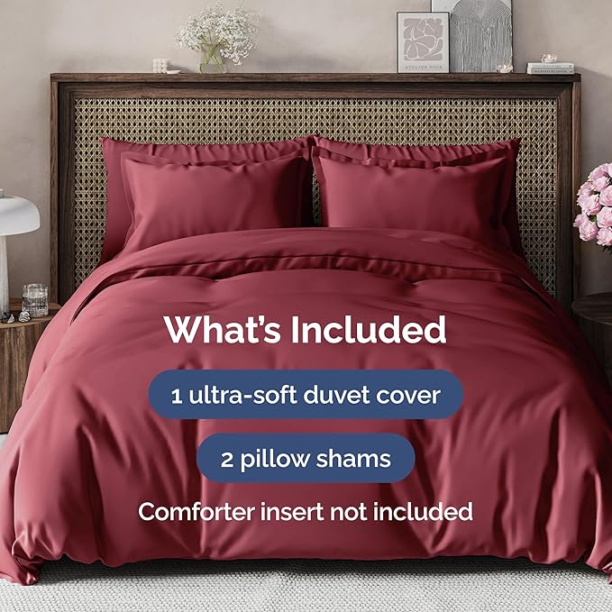 CGK Unlimited Duvet Cover Queen Size Set - Extra Soft Queen Size Duvet Cover 90 x 90 with 2 Pillow Shams - Hotel Quality w/Zipper Closures & Ties - Bedding and Bed Linens Set (Burgundy)