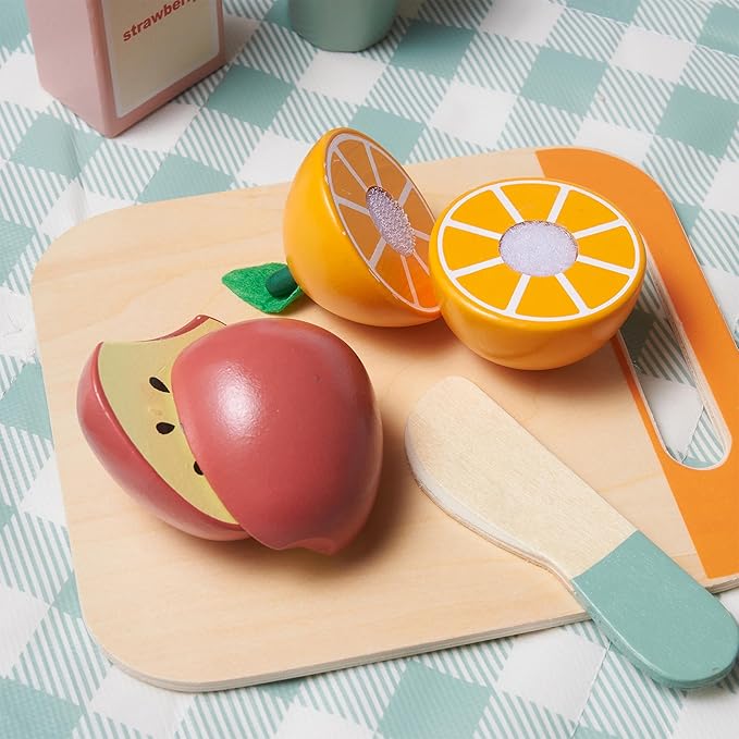 21pcs Wooden Play Food Set for Kids Kitchen, Cutting Pretend Play Toy Picnic Playset with Food, Fruit, Juice and Bag, Toddler Toy Food Play Kitchen Accessories Boys & Girls Birthday Gift