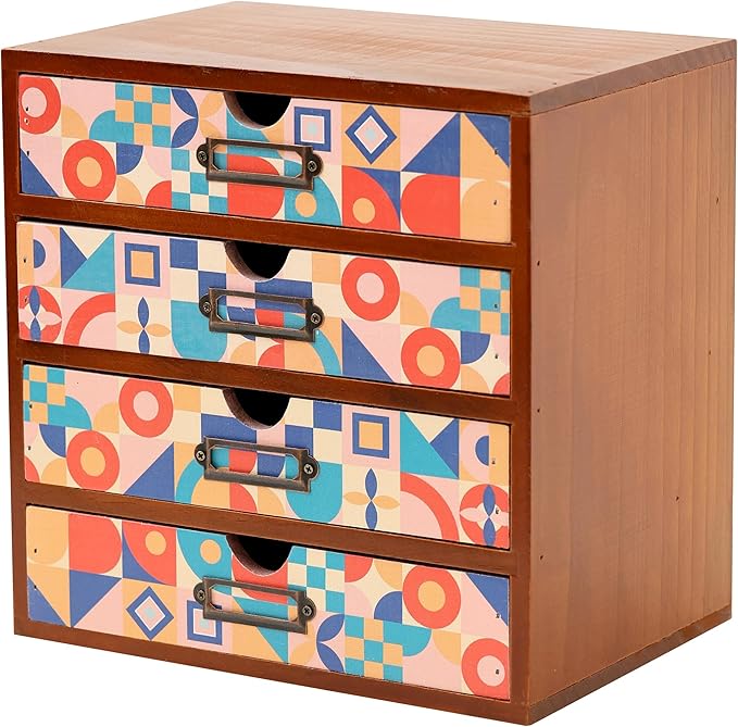 Add Color To Your Desk - MCM Geometric Wooden Desk Organizer - Desktop Storage with 4-Drawer - Wood Cabinet for Office Supplies, Craft Tools, & Home, Countertop, Tabletop Organization