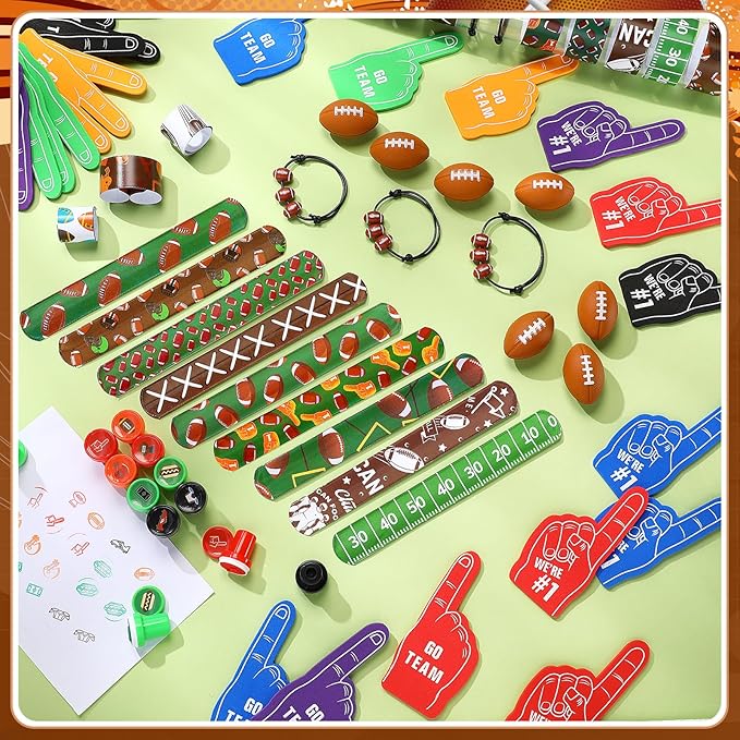 Aoriher 120 Pcs Football Sport Balls Party Favors Set Serve 24, Football Goodie Foam Finger Mini Stress Ball Slap Bracelet Charm Bracelet Stamp for Kids Party Supplies