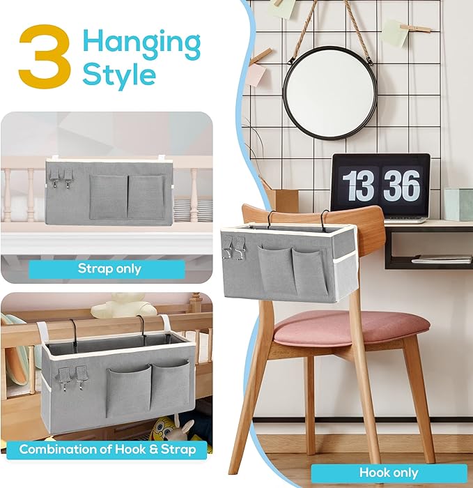 1pcs Bedside Caddy Hanging Storage Bag, Organizer Baskets with Pockets for Bunk Bed Accessories, Loft & Dorm Rooms Chair Bed Rails (Grey-1pcs)