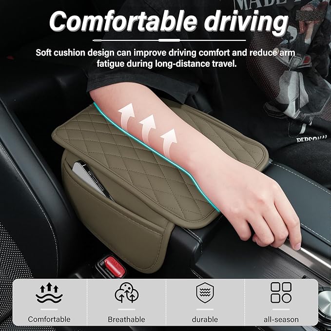 Amiss Car Center Console Cover, Upgraded Leather Car Armrest Cushion with 2 Storage Pockets, Universal Waterproof Cushion Pad, Non-Slip Car Interior Accessories, Fits Most Sedans SUVs Trucks (Beige)