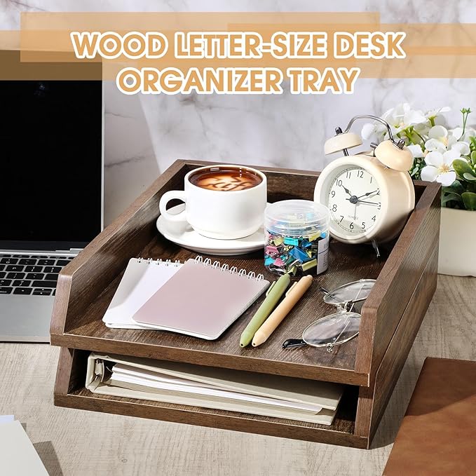 DoubleFill 2 Pcs Wooden Letter Trays Wood Letter-Size Desk Organizer Heavy Duty 2 Tier Stackable Supports Paper Tray Desktop Drawer Organizer File Folder Magazine Office Accessories (Dark Wood)