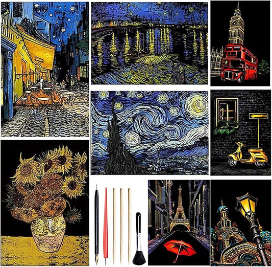 Georgie Porgy Scratch Paper Art Set for Kids Adults Magic Rainbow Scratchboards for DIY Arts and Crafts Kits Christmas Birthday Gift with Scratching Tools Kit (A3+A4-Van Gogh + Street Corner)
