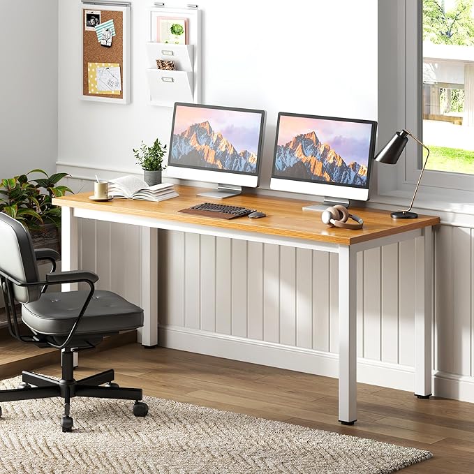 Need 54.3 Inch Large Computer Desk, Modern Simple Style Desk for Home Office, Basic Writing Table for Study Student, Teak White