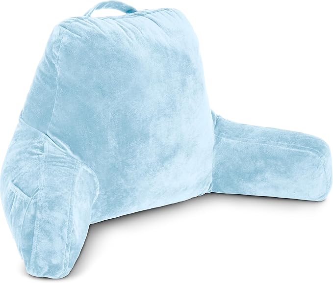 Husband Pillow Sky Blue, Original Reading Pillow in Bed Rest Chair, Shredded Memory Foam Large Lounge Cushion Adult Backrest with Arms, Comfy Back Support for Sit Sitting Up, Wash/Removable Cover
