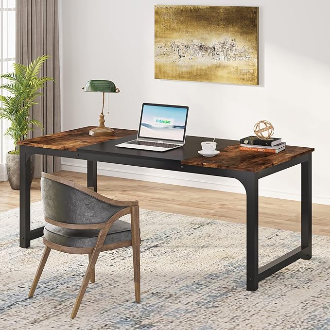 Tribesigns Modern Computer Desk, 63 x 31.5 inch Large Office Desk Computer Table Study Writing Desk Workstation for Home Office, Vintage Black Metal Frame