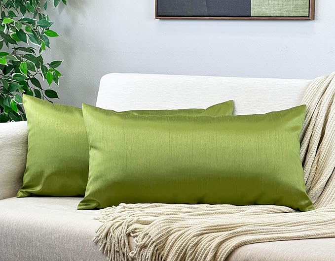 Aiking Home 12x24 Inches Faux Silk Rectangular Throw Pillow Cover, Zipper Closure, Green (Set of 2)
