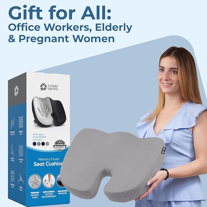 5 STARS UNITED Seat Cushion for Tailbone Pain Relief – Large Memory Foam Cushion for Coccyx, Hip, Sciatica & Post-Surgery Recovery – Wheelchair, Car, Desk, Gaming & Office Chairs, Light Gray