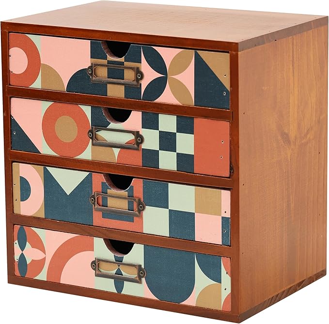 Mid-Century Modern Geometric Pattern Desk Organizer - Earth Tone Desktop Storage with 4-Drawer - Retro Modern Wood Cabinet for Office Supplies, Craft Tools, & Home Organization - MCM Drawer Unit