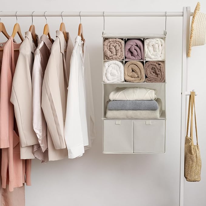 GRANNY SAYS Hanging Closet Organizer with Drawers, 4 Shelf Dividers Closet Hanging Organizer, Foldable Hanging Shelves for Clothes Organizer, Small Closet Organizers and Storage, Beige