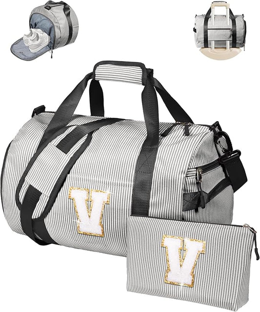 Gifts for Preteen, Girls Travel Duffle Bag, Kids Initial Overnight Bags with Shoe Compartment, Monogram Weekender Bag with Makeup Pouch, Birthday Gift for Niece Daughter Sister (Letter V)