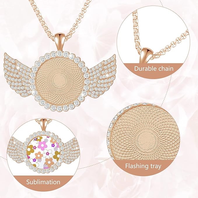 9 Pieces Sublimation Blank Necklace with Chain Set Blank Necklace Rhinestone Wing Shape Bezel Pendant Tray, 25 mm Sublimation Sheet, Double Sided Tape for DIY (Round Shape Style)
