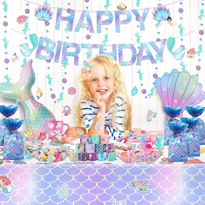 132Pcs Mermaid Party Favors, Mermaid Party Supplies for Girls Include Keychains, Slap Bracelets, Rings, Clips, Stampers, DIY Sticker, Stickers, mermaid goodie bags, Perfect for mermaid give away gift